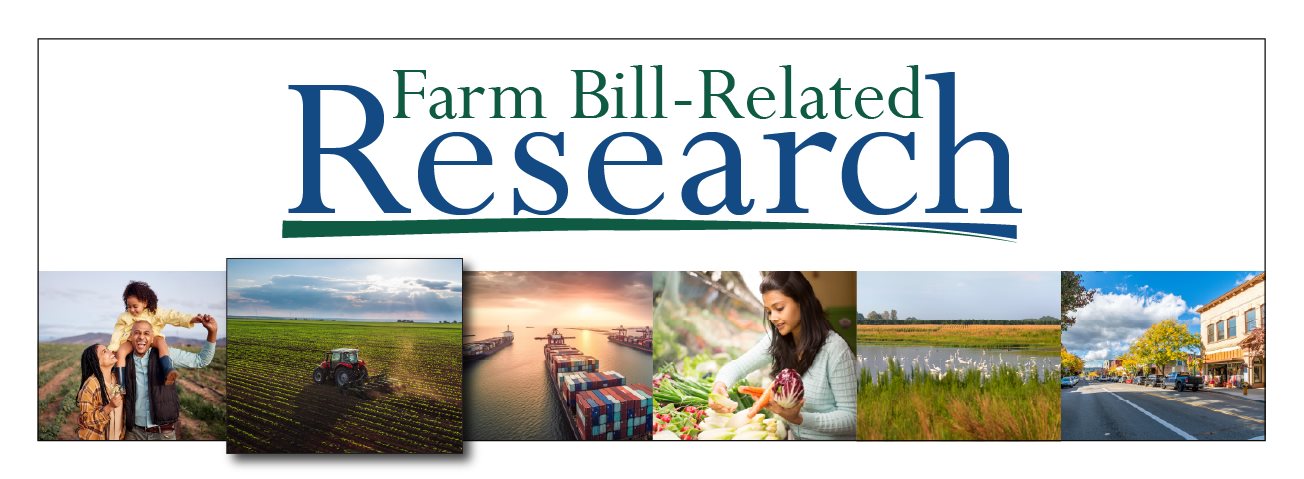 Farm Bill-related research banner collage of six photos depicting food production and distribution.
