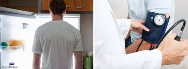 Photo collage of man looking into refrigerator and man getting his blood pressure checked