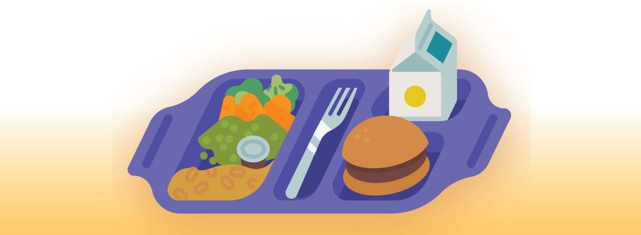 Graphic design of a plate of food on a school meal tray.
