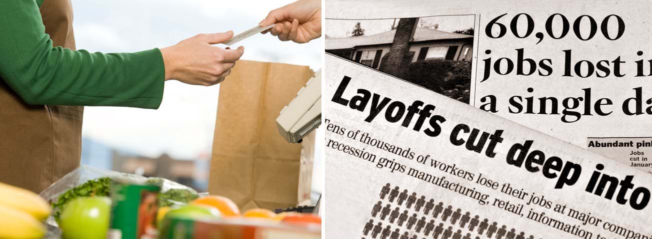 Photo collage: Person at check out counter and newspaper clippings about layoffs