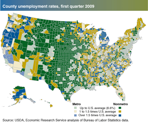 This chart shows: 'County Unemployment rates, first quarter 2009'.
