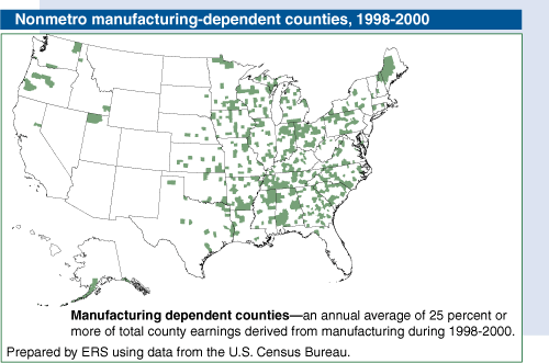 This chart shows: 'Nonmetro manufacturing-dependent counties, 1998-2000.'.