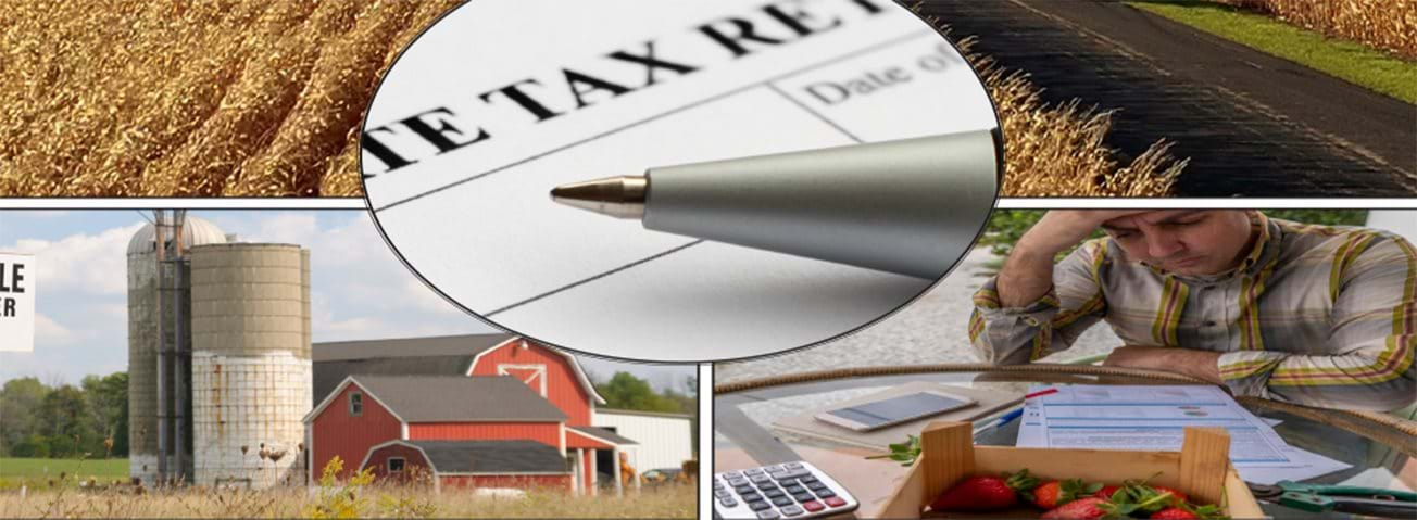 Five images showing farms, tax forms