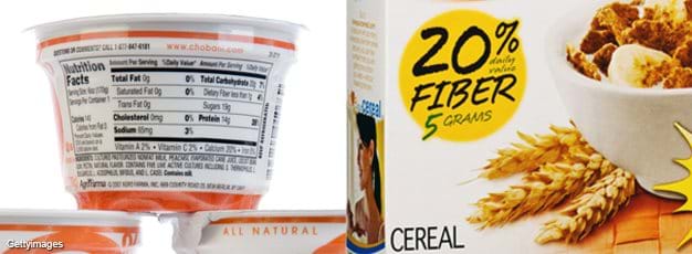Images of yogurt container labels and a cereal box