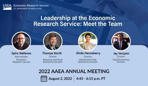 Leadership at the Economic Research Service: Meet the Team. Pictures of Spiro Stefanou, Thomas Worth, Shida Henneberry, and Jay Variyam. 2022 AAEA Annual Meeting. August 2, 2022 at 4:45-6:15 p.m. PT