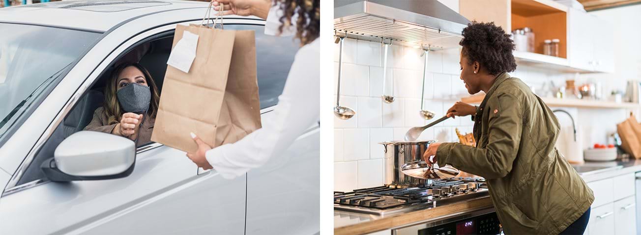 Woman receiving bag of food, woman cooking at home