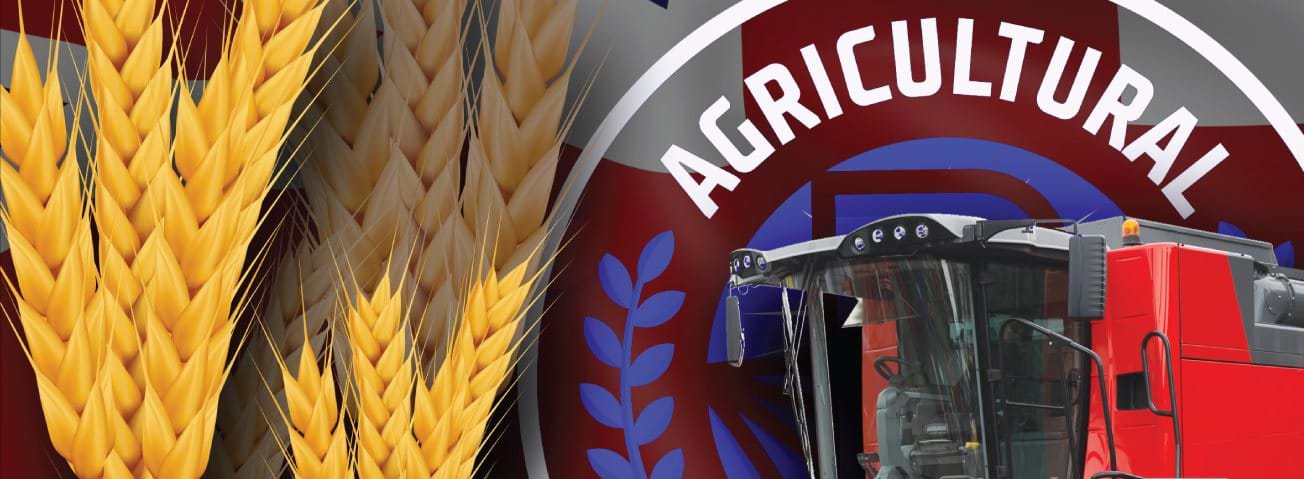Graphic illustration showing wheat, a combine, and the word "agricultural."