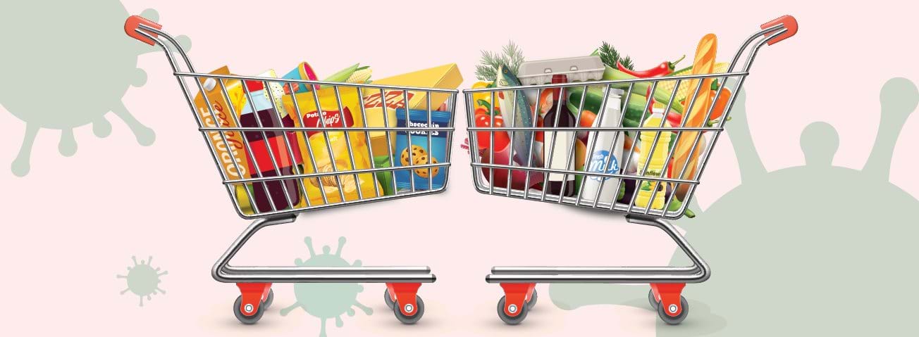 Two shopping carts loaded with groceries on a background depicting Coronavirus (COVID-19) 