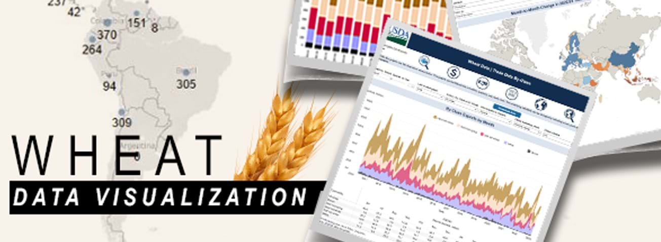 Illustration of wheat data visualization tool with map in background.