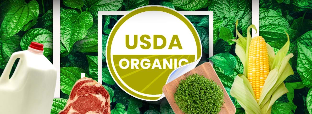 Graphic depiction of forage, milk, steak, corn, USDA Organic label