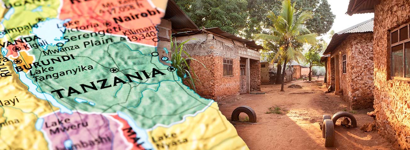 Photo image with map of Tanzania and homes in a Tanzanian village