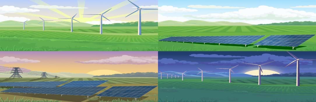 This carousel image is illustrated and depicts wind and solar farms in large agricultural fields at dawn, daytime, dusk, and nighttime. 