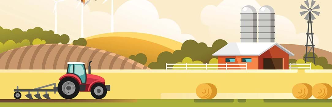 Graphic illustration showing a red tractor surrounded by rolling farmland, farm building, and harvested bales of hay.