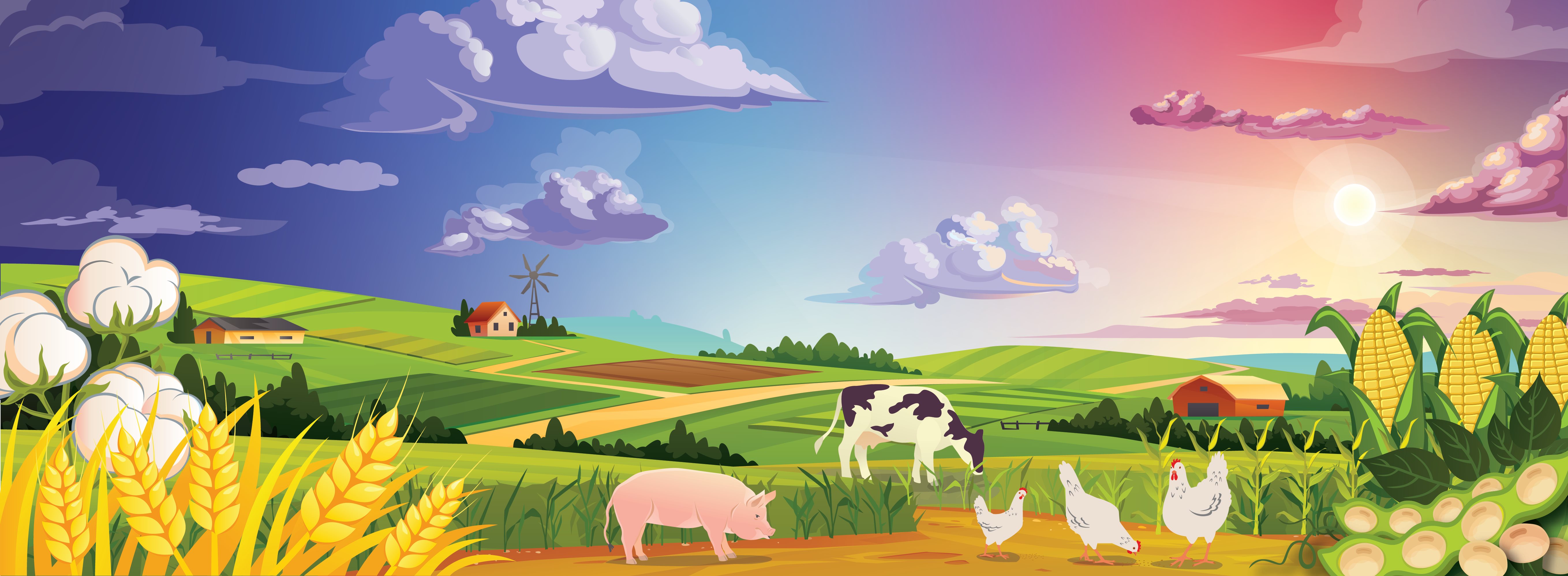 Graphic depiction of farmland with livestock and crops.