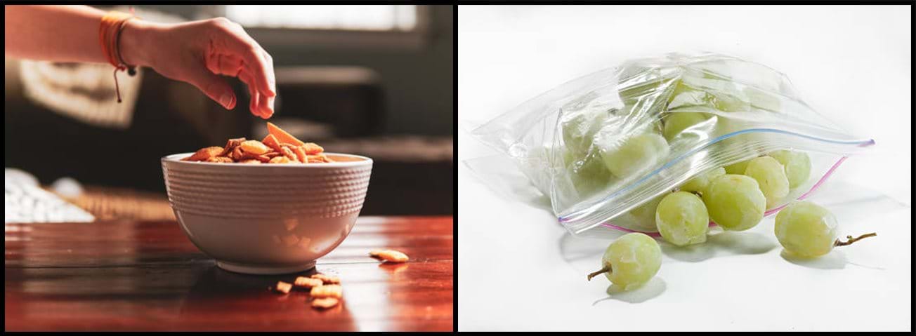 Side-by-side photos of bowl of snacks, bag of grapes