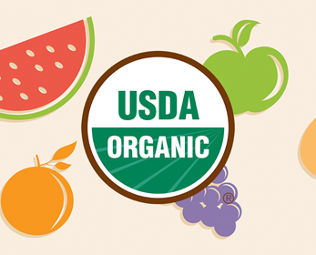 Illustration of fruits and vegetables with USDA Organic logo in the foreground.