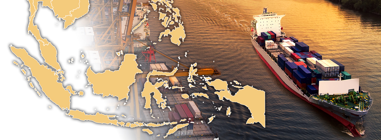 Photo of container ship with an overlay map of Southeast Asia