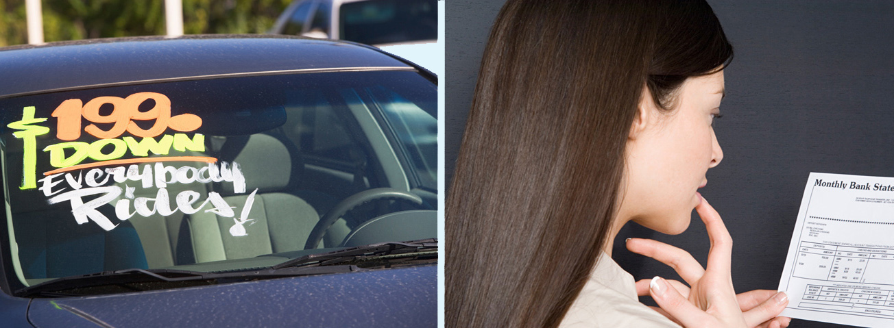 Montage of used car and woman reading bank statement