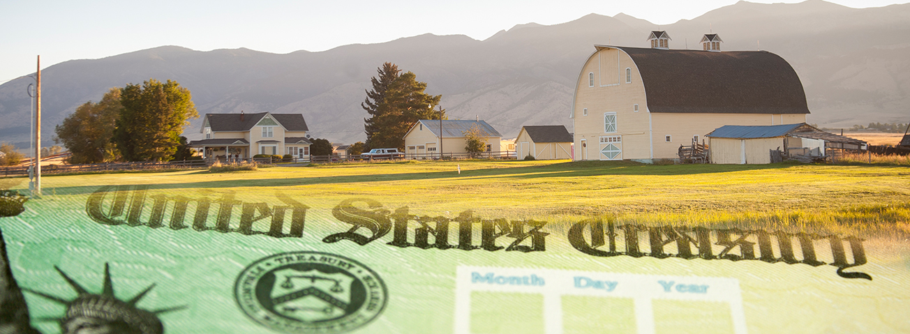 A family farm overlain with an image of a United States Treasury check
