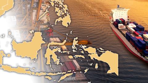 Photo of container ship with an overlay map of Southeast Asia