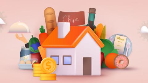Home with different foods behind it and coins in front.