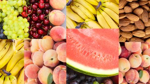 A collage of tropical fruits and nuts.