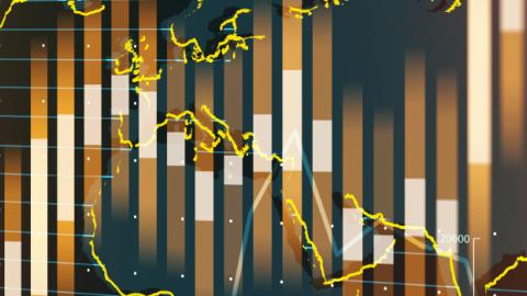 Map of the world with coastlines outlined in gold and placed over images representing trade monitoring data.