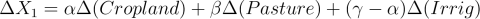 Equation 11: \Delta&space;X_1=\alpha\Delta(Cropland)+\beta\Delta(Pasture)+(\gamma-\alpha)\Delta(Irrig)