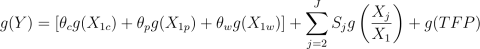 Equation 12: g(Y)=\left[\theta_cg(X_{1c})+\theta_pg(X_{1p})+\theta_wg(X_{1w})\right]+\sum_{j=2}^{J}S_jg\left(\frac{X_j}{X_1}\right)+g(TFP)