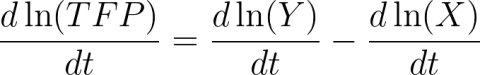 Equation 2: \frac{d\ln(TFP)}{dt}=\frac{d\ln(Y)}{dt}-\frac{d\ln(X)}{dt}