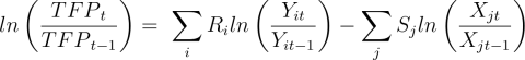 Equation 3: ln\left(\frac{{TFP}_t}{{TFP}_{t-1}}\right)=\&space;\sum_{i}{R_iln\left(\frac{Y_{it}}{Y_{it-1}}\right)-\sum_{j}{S_jln\left(\frac{X_{jt}}{X_{jt-1}}\right)}}