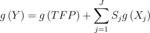 Equation 4: g\left(Y\right)=g\left(TFP\right)+\sum_{j=1}^{J}{S_jg\left(X_j\right)}