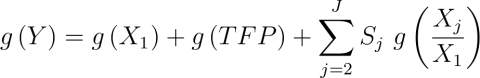 Equation 6: g\left(Y\right)=g\left(X_1\right)+g\left(TFP\right)+\sum_{j=2}^{J}{S_j\&space;g\left(\frac{X_j}{X_1}\right)}