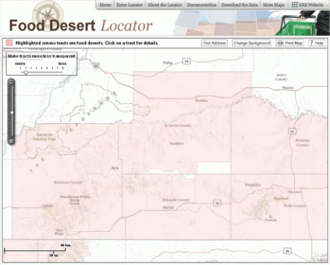 Food desert tracts in southwestern South Dakota
