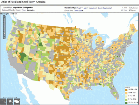 Nonmetro population growth in the Mountain West contrasts with loss throughout the Great Plains