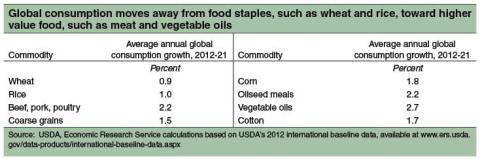 Global consumption moves away from food staples, such as wheat and rice, toward higher value food, such as meat and vegetable oils
