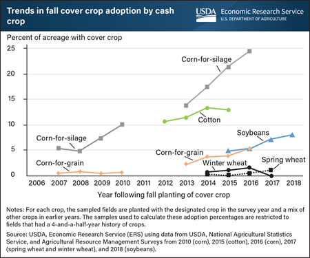 Rates of cover crop adoption vary depending on the cash crop being planted