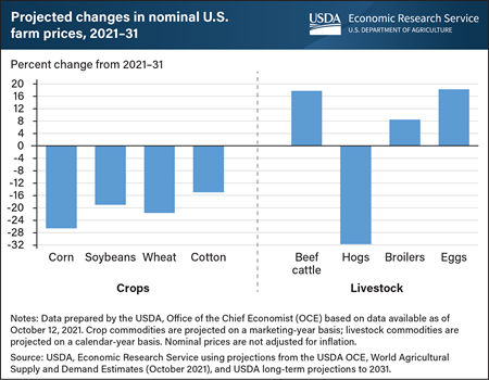 Over the next decade, crop prices are projected to decline while livestock prices generally rise