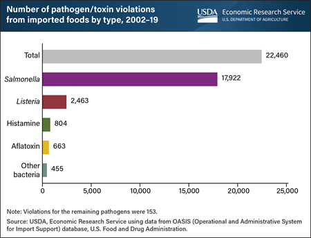 <i>Salmonella</i> accounted for nearly 80 percent of pathogen violations in U.S. food imports from 2002 to 2019