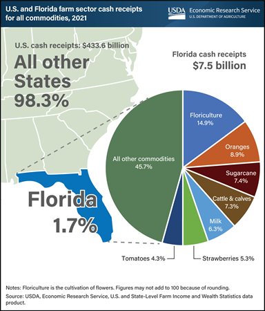 At $7.5 billion, Florida accounted for 1.7 percent of U.S. farm sector cash receipts in 2021
