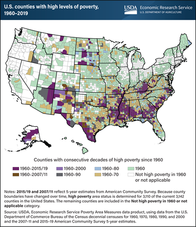 Counties with continuous high poverty since 1960 are largely rural