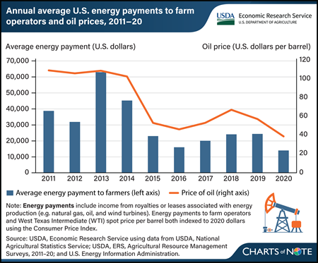 Vertical bar and line chart showing annual average U.S. energy payments to farm operators and oil prices between 2011 and 2020.