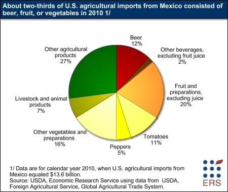 About two-thirds of U.S. agricultural imports from Mexico consists of beer, vegetables, and fruit