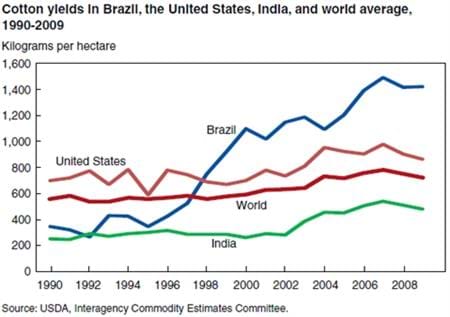 Cotton yields in Brazil have risen the fastest of major world producers in recent years