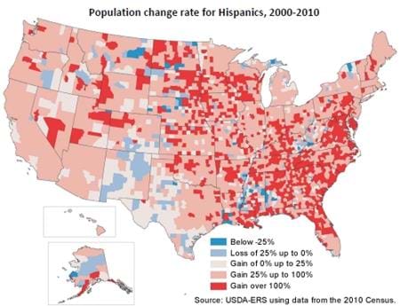 Population change for Hispanics, 2000-2010