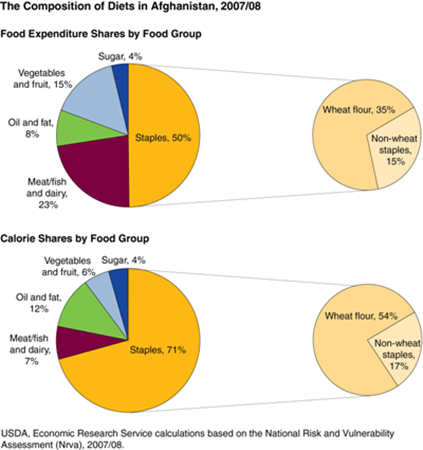 Staple foods make up a large share of calories and food expenditures for Afghan households