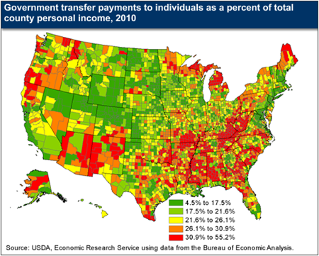 Share of income from government transfer payments varies by region