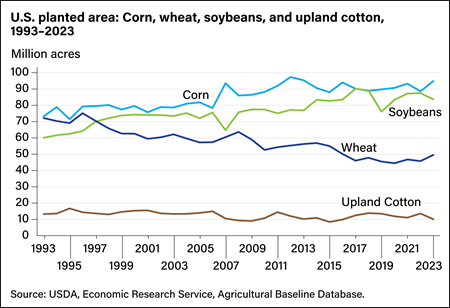 Corn and soybean acreage have risen since 1990, while cotton is relatively flat, and wheat is down