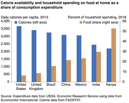 Calorie availability and importance of food in household spending are inversely related