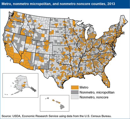 Employment growth in nonmetro micropolitan and noncore counties has lagged growth in metro counties since 2010